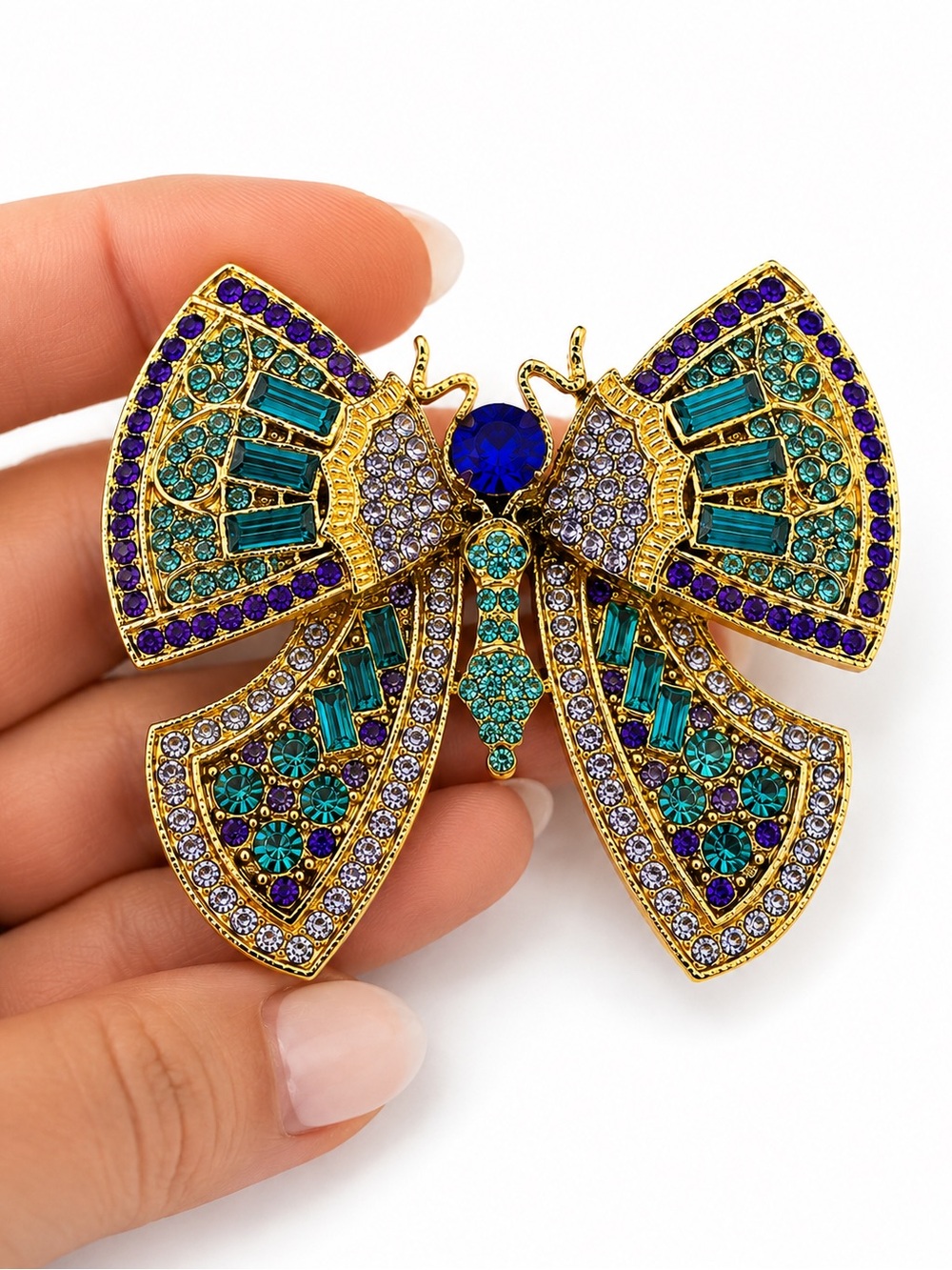 Large Blue & Teal Crystal Butterfly Brooch – Gold Tone Statement Pin - Picture 3 of 5